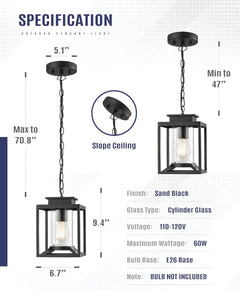 Brand New Osimir Outdoor Pendant Light for Porch, 1-Light Black Hanging Porch Light Modern Exterior Hanging Lantern with Cylinder Glass and Adjustable Chain for Gazebo, 2353/1H