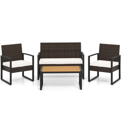 4 Piece Patio Furniture Set Outdoor Rattan Conversation Set with Cushioned Chairs and Wood Plastic Coffee Table-Off White