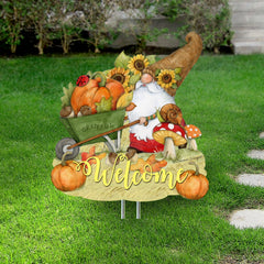 Outdoor Garden Stakes Fall Decoration - Harvest Gnome Welcome Sign - Wheelbarrow Cornucopia - Handmade Gift - Autumn Adornment - Wooden Ornament by Susan Winget - 8471207M-SW