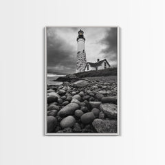 Lighthouse Shore Rocks, Coastal Beacon, Moody Clouds, Framed Canvas Print, Nautical Wall Art, Rustic Beach House Decor, Fall Storm Style