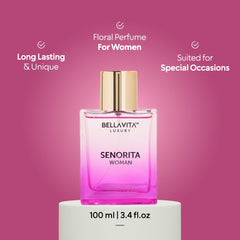 Bellavita Luxury Senorita Eau de Parfum | 100 ml (3.4 fl.oz.) | Perfume for Women | Fresh Floral, Yuzu, Peony, and Musk Notes | Long Lasting Women's Fragrance | Mother's day Fragrance