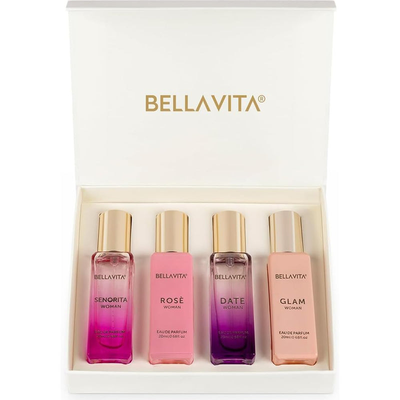 Bellavita Luxury Women's Perfume Gift Set with Rose, Senorita, Date, and Glam | 80ml | Perfume for Women | Pink Pepper, Yuzu and Floral Peach | Long Lasting Fragrance |Mother's day present