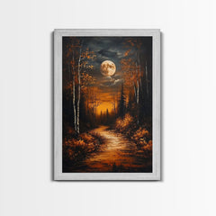 Full Moon Over The Haunted Forest, Framed Canvas Print, Wood Framed Wall Art, Dark Academia Witchy Decor, Moody Home Decor