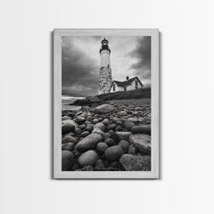 Lighthouse Shore Rocks, Coastal Beacon, Moody Clouds, Framed Canvas Print, Nautical Wall Art, Rustic Beach House Decor, Fall Storm Style