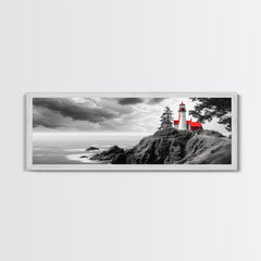 Coastal Lighthouse, Ocean Cliffs, Red Roof, Nautical Beacon, Framed Canvas Print, Bathroom Wall Art, Minimalist Coastal Decor, Seaside Vibe