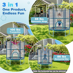 60 Inch Trampoline with Gymnastic Bar and Rings for Kids
