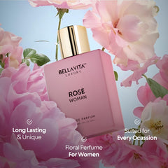 Bellavita Luxury ROSE Eau de Parfum | 100 ml (3.4 fl.oz.) | Perfume for Women | Fresh, Floral Peach, Jasmine, and Ambery Musk Notes | Long Lasting Women's Day Special Fragrance