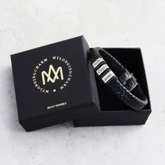 Men's Personalized Black Leather Name Bracelet