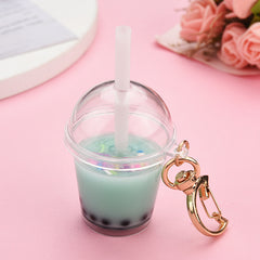 Mini Pearl Milk Tea Cup Keychain with Moon Buckle