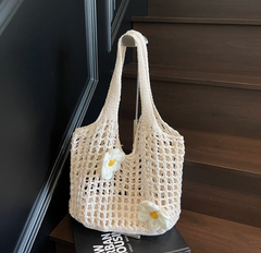 Knitted Woven Mesh Handbag with Hollow Out Flower Design, Large Capacity Versatile Shoulder Bag