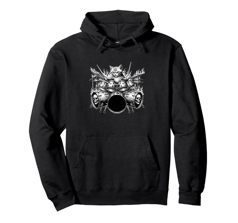 Cat Playing Drums Rock Kit Animal Art Hoodie - Unique Graphic Men Women