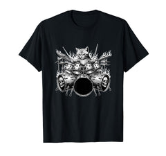 Cat Playing Drums Rock Kit Animal T-Shirt - Fun Novelty Design Men Women