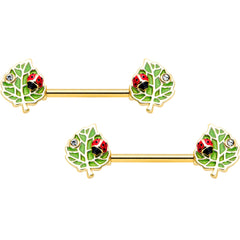 14G 9/16 Clear Gem Gold Hue Leafy Ladybug Barbell Nipple Ring Set