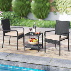 3 Piece Patio Furniture Set with Seat Cushions and Tempered Glass Tabletop