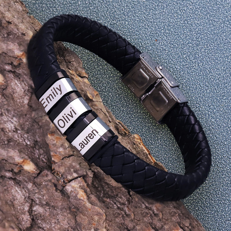 Men's Personalized Black Leather Name Bracelet