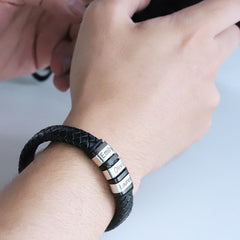 Men's Personalized Black Leather Name Bracelet