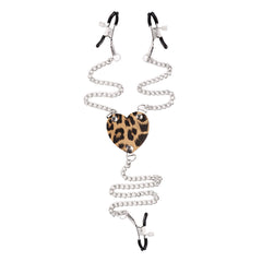 Leather Heart Leopard Print Nipple Clamps with Chains