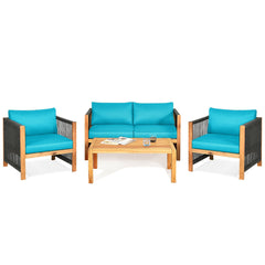 4 Pieces Acacia Wood Outdoor Patio Furniture Set with Cushions