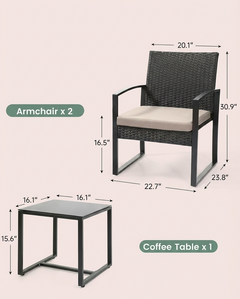3-Piece Outdoor Patio Furniture Set – Wicker Chairs + Bar Table with Cushions
