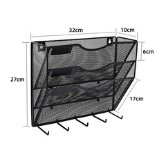 Metal Wall-Mounted File Organizer with Hooks (3-Tier)