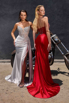 Ladivine CD722 Elegant Strapless Satin Fitted Evening Gown