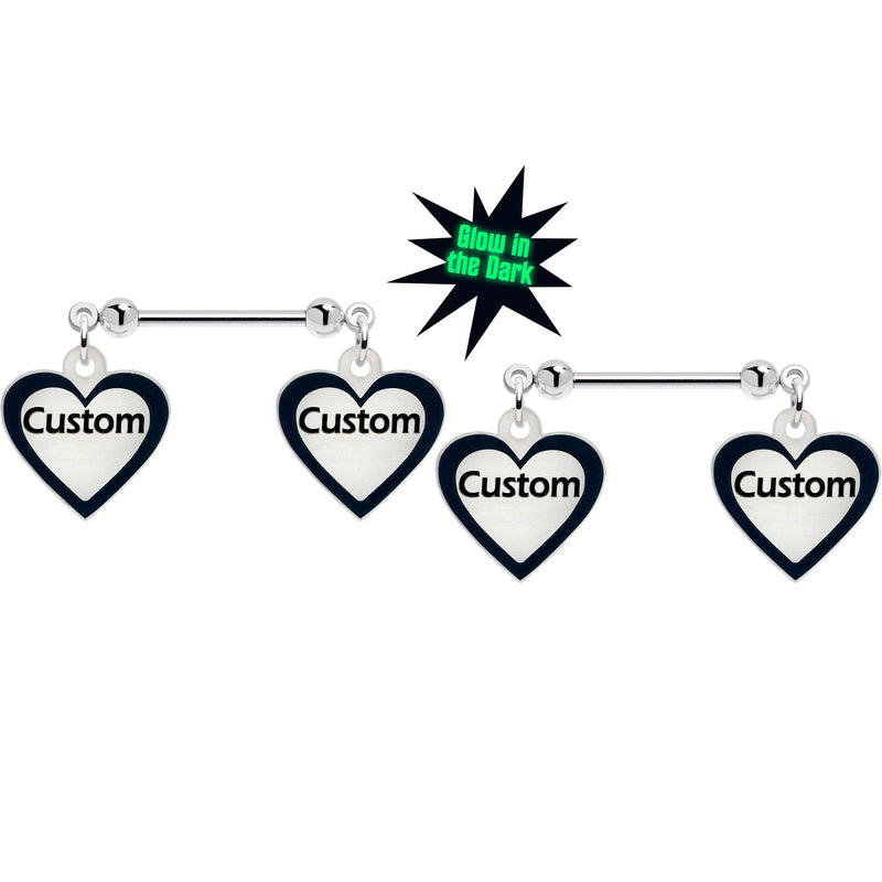 Custom Heart Glow in the Dark Double Personalized Name Dangle Nipple Ring Set