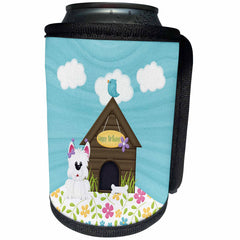 3dRose Beverly Turner Birthday Design - Cute Dog with Bone Next to Doghouse, Bird on Roof, Flowers, Birthday - Can Cooler Bottle Wrap (cc_308979)