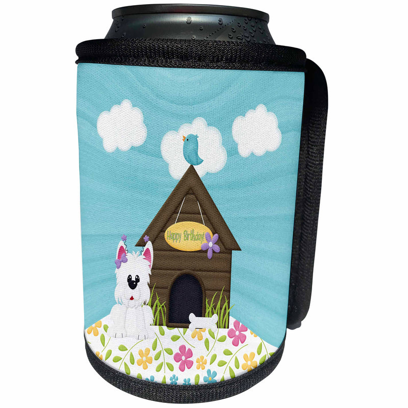 3dRose Beverly Turner Birthday Design - Cute Dog with Bone Next to Doghouse, Bird on Roof, Flowers, Birthday - Can Cooler Bottle Wrap (cc_308979)