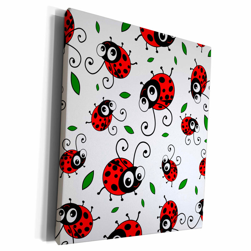 3dRose InspirationzStore Cute Animals - Cute red ladybug pattern with green leaves on white - cartoon ladybugs - ladybirds - kawaii bugs - Museum Grade Canvas Wrap (cw_113184)