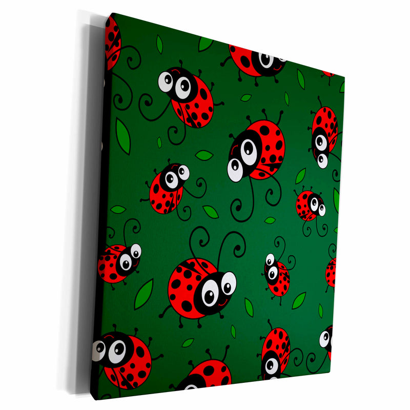3dRose InspirationzStore Cute Animals - Cute red ladybug and leaf pattern on dark green - cartoon ladybugs ladybirds - kawaii ladybird bugs - Museum Grade Canvas Wrap (cw_113185)