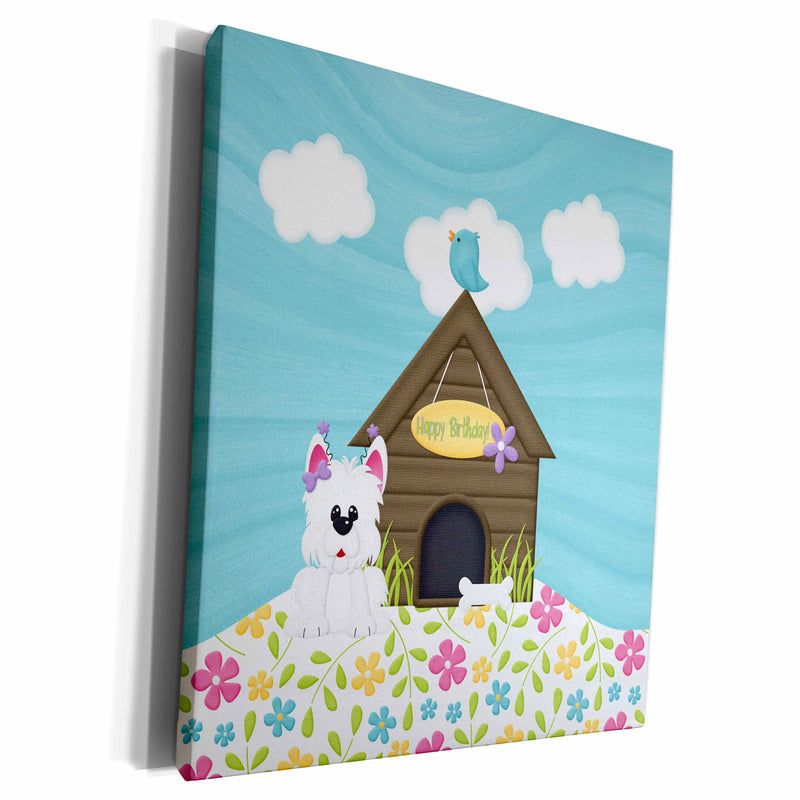 3dRose Cute Dog with Bone Next to Doghouse, Bird on Roof,... - Museum Grade Canvas Wrap (cw_308979)