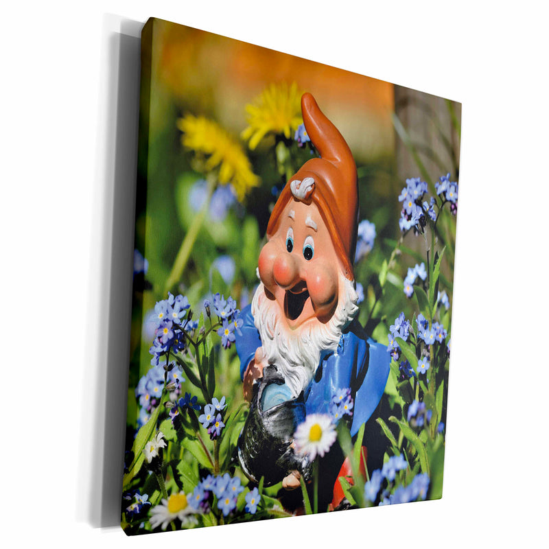 3dRose Garden Gnome with Blue White and Yellow Flowers,... - Museum Grade Canvas Wrap (cw_349571)