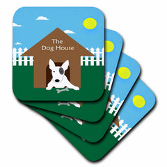 3dRose Sandy Mertens Dog Designs - Dog House with Miniature Bull Terrier Dog Cartoon, 3drsmm - Coasters
