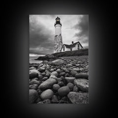 Lighthouse Shore Rocks, Coastal Beacon, Moody Clouds, Framed Canvas Print, Nautical Wall Art, Rustic Beach House Decor, Fall Storm Style