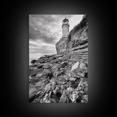 Lighthouse Beacon, Rocky Shoreline, Nautical Coastal Scene, Framed Canvas Print, Ocean View Art, Seaside Living Room Wall Decor