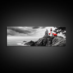 Coastal Lighthouse, Ocean Cliffs, Red Roof, Nautical Beacon, Framed Canvas Print, Bathroom Wall Art, Minimalist Coastal Decor, Seaside Vibe