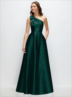 Bow One-Shoulder Full A-Line Satin Maxi Dress