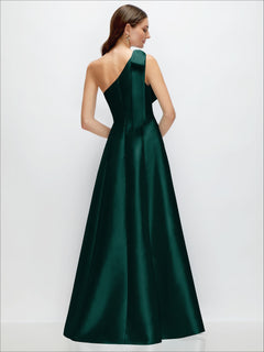 Bow One-Shoulder Full A-Line Satin Maxi Dress
