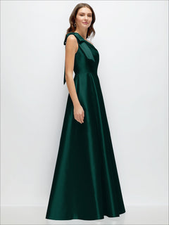 Bow One-Shoulder Full A-Line Satin Maxi Dress
