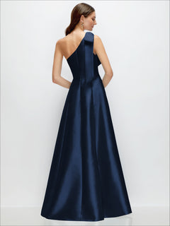 Bow One-Shoulder Full A-Line Satin Maxi Dress