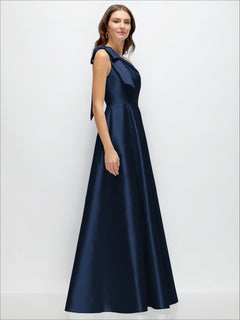 Bow One-Shoulder Full A-Line Satin Maxi Dress
