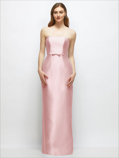 Strapless Satin Column Dress with Bow-Trimmed Skinny Belt