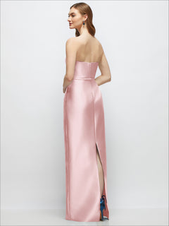Strapless Satin Column Dress with Bow-Trimmed Skinny Belt