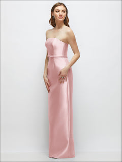 Strapless Satin Column Dress with Bow-Trimmed Skinny Belt