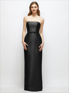 Strapless Satin Column Dress with Bow-Trimmed Skinny Belt
