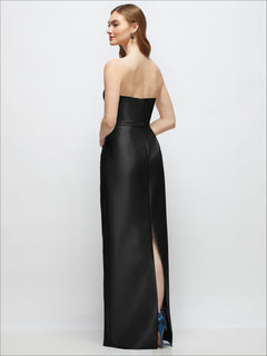 Strapless Satin Column Dress with Bow-Trimmed Skinny Belt