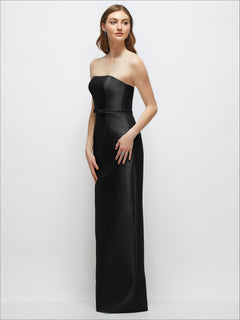 Strapless Satin Column Dress with Bow-Trimmed Skinny Belt
