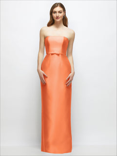 Strapless Satin Column Dress with Bow-Trimmed Skinny Belt