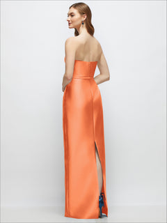 Strapless Satin Column Dress with Bow-Trimmed Skinny Belt