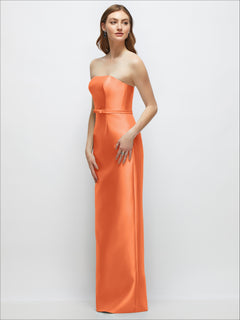 Strapless Satin Column Dress with Bow-Trimmed Skinny Belt